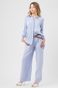 Compleu bleu din in cu cămașă lejeră și pantaloni largi - Img 2