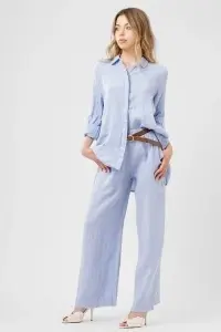 Compleu bleu din in cu cămașă lejeră și pantaloni largi - Img 2