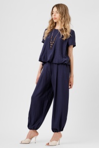 Compleu bleumarin cu top lejer și pantaloni harem - Img 2