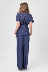 Compleu din denim bleumarin cu cordon și pantaloni largi - Img 2