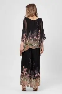 Compleu negru cu imprimeu floral și pantaloni largi - Img 2