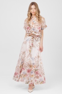 Compleu roz din tencel cu imprimeu floral, top scurt și fustă lungă - Img 5