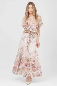 Compleu roz din tencel cu imprimeu floral, top scurt și fustă lungă - Img 5