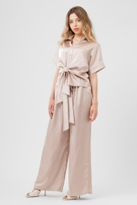 Compleu taupe cu top înnodat și pantaloni largi - Img 2