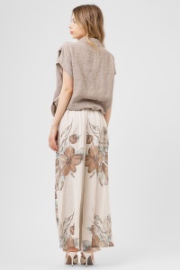 Compleu taupe din in cu imprimeu floral și pantaloni largi - Img 2