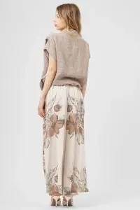 Compleu taupe din in cu imprimeu floral și pantaloni largi - Img 2