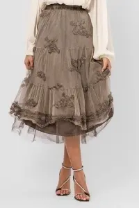Fustă midi taupe din tiul în volane cu flori aplicate