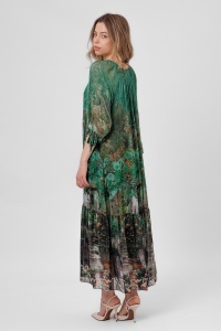 Rochie maxi boho verde din viscoză și mătase cu imprimeu fluid - Img 3