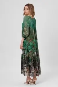 Rochie maxi boho verde din viscoză și mătase cu imprimeu fluid - Img 3