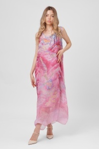 Rochie maxi roz din viscoză și mătase cu imprimeu peisaj