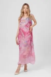Rochie maxi roz din viscoză și mătase cu imprimeu peisaj