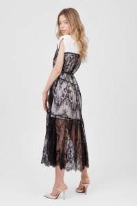 Rochie midi albă/neagră din dantelă cu cordon cu trandafir - Img 4