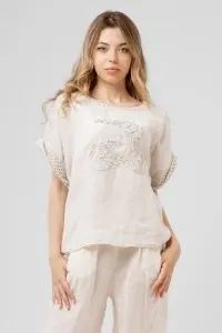 Tricou ivory din in cu bicicletă din paiete și mâneci crosetate