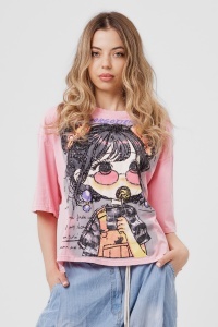 Tricou roz din bumbac cu imprimeu fetiță și paiete