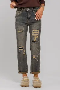 Blugi mom fit bleumarin cu tentă maro