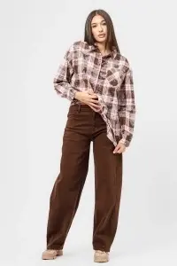Cămașă oversized maro cu roz în carouri cu aspect vintage - Img 3