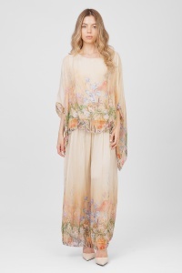 Compleu bej cu imprimeu floral și pantalon larg