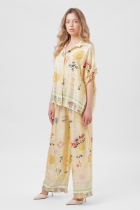 Compleu floral galben din viscoză format din cămașă și pantaloni palazzo
