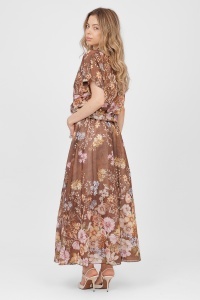 Compleu maro din tencel cu imprimeu floral, top scurt și fustă lungă - Img 2