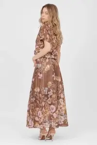 Compleu maro din tencel cu imprimeu floral, top scurt și fustă lungă - Img 2