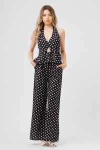 Compleu negru cu buline, top halter și pantaloni largi