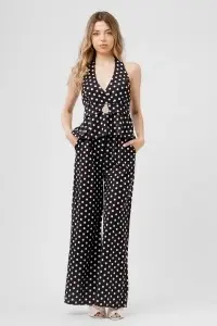 Compleu negru cu buline, top halter și pantaloni largi