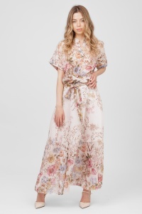Compleu roz din tencel cu imprimeu floral, top scurt și fustă lungă - Img 2