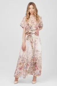 Compleu roz din tencel cu imprimeu floral, top scurt și fustă lungă - Img 2