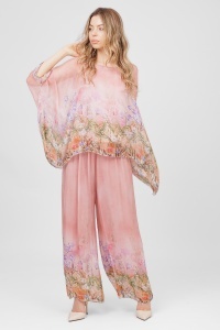 Compleu roz prăfuit cu imprimeu floral și pantalon larg - Img 3