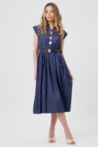 Rochie din denim bleumarin cu broșe decorative