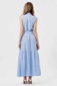 Rochie maxi bleu cu nasturi aurii și buzunare - Img 3