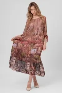 Rochie maxi boho vișinie din viscoză și mătase cu imprimeu vișiniu - Img 4