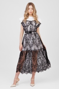 Rochie midi albă/neagră din dantelă cu cordon cu trandafir