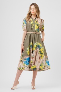Rochie midi kaki din bumbac cu imprimeu mediteraneean