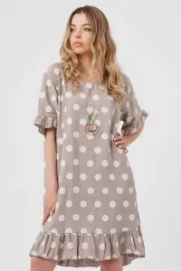 Rochie taupe cu buline albe și volane