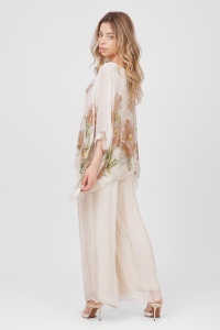 Compleu crem din viscoză și mătase cu bluză florală și pantalon larg - Img 3