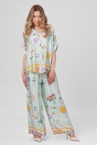 Compleu floral mentă din viscoză format din cămașă și pantalon palazzo - Img 2