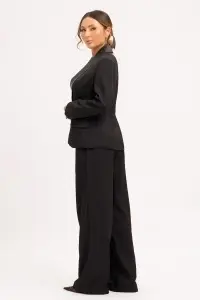 Compleu negru tip smoking format din sacou cu revere din imitație de piele și pantaloni largi - Img 3