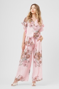 Compleu roz din in cu imprimeu floral și pantaloni largi - Img 3