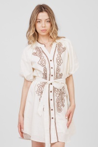 Rochie ivory din bumbac cu broderie florală maro