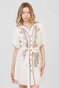Rochie ivory din bumbac cu broderie florală maro