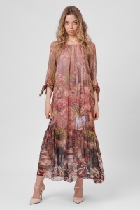 Rochie maxi boho vișinie din viscoză și mătase cu imprimeu vișiniu