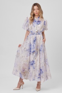 Rochie maxi ivory din viscoză cu imprimeu floral bleu - Img 2