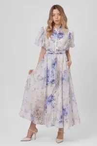 Rochie maxi ivory din viscoză cu imprimeu floral bleu - Img 2