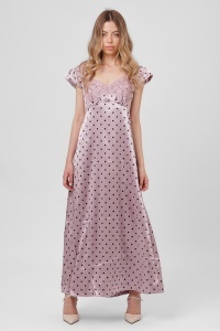 Rochie maxi roz prăfuit cu buline și dantelă