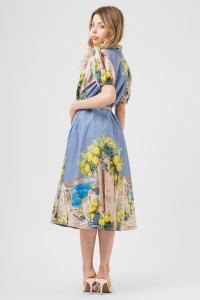 Rochie midi bleu din bumbac cu imprimeu mediteraneean - Img 2