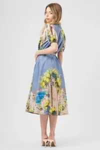 Rochie midi bleu din bumbac cu imprimeu mediteraneean - Img 2