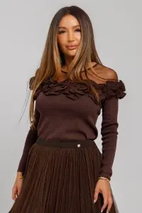 Bluză maro din tricot cu tul și volănașe