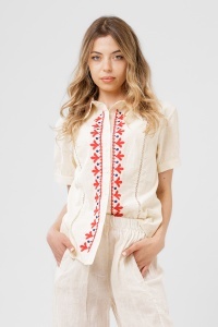 Cămașă crem din bumbac cu broderie colorată