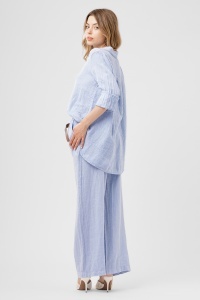 Compleu bleu din in cu cămașă lejeră și pantaloni largi - Img 3